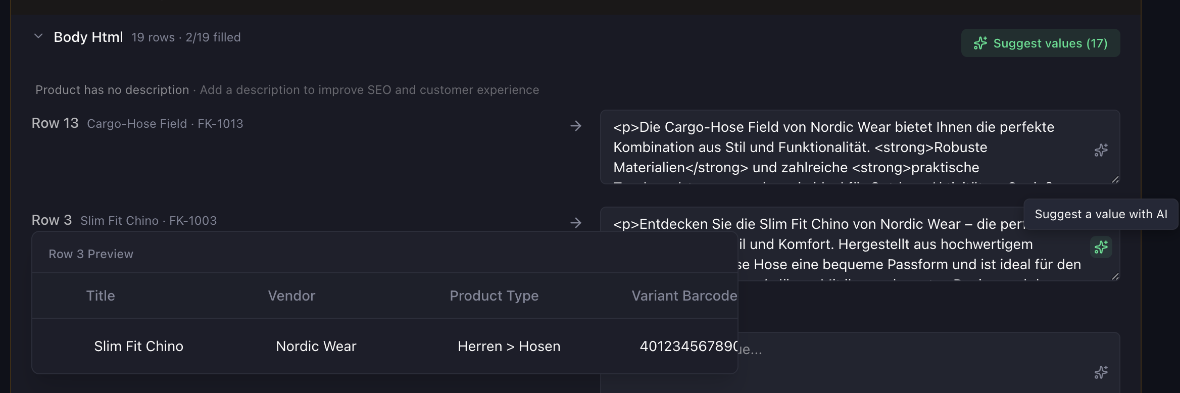 Portaim's multilingual AI content generation — German product descriptions auto-generated for empty rows in a German supplier file, in the same language as the source file, before Shopify import