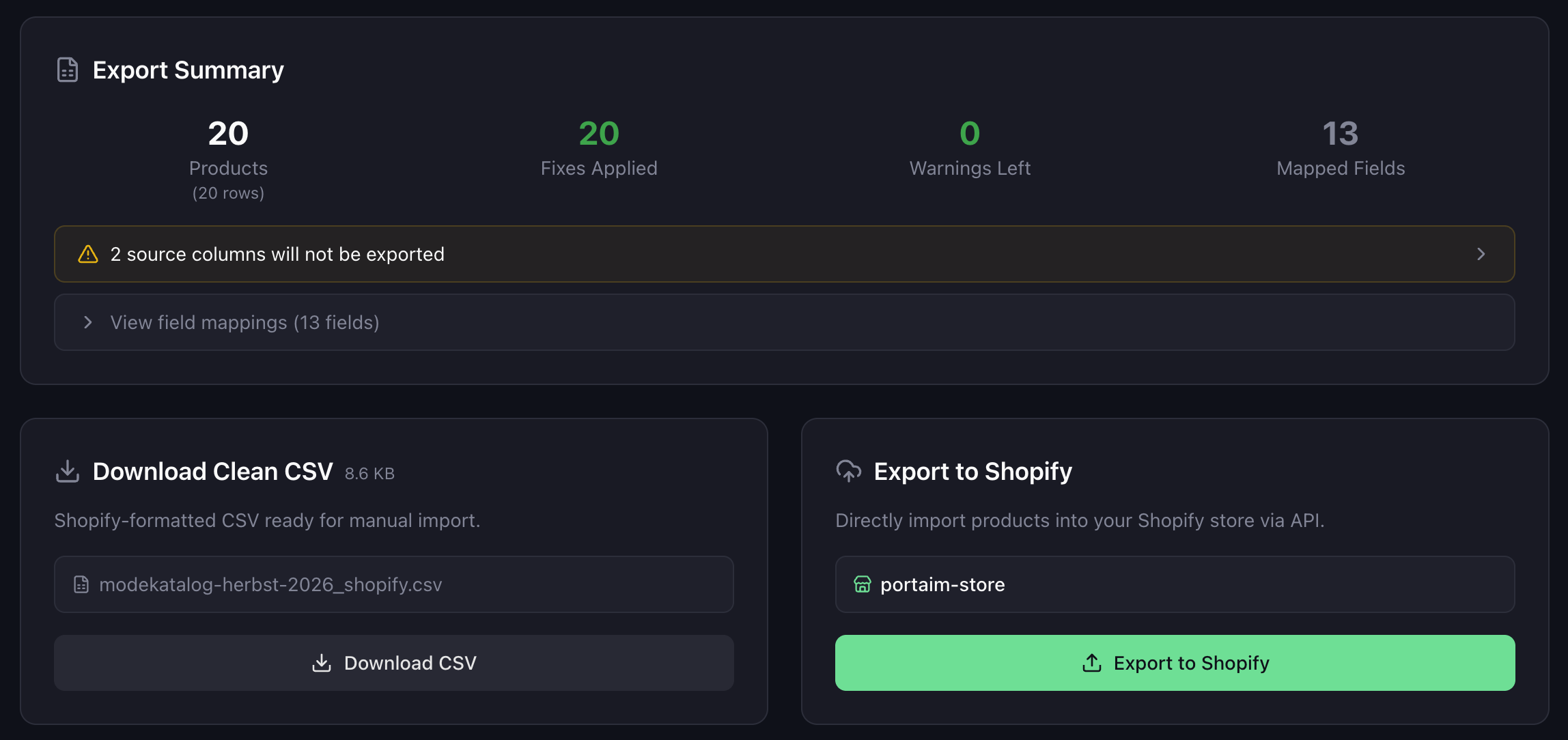 Portaim's Shopify export screen — one-click push to a connected Shopify store via API, or download of a Shopify-formatted CSV for manual import, with a full export summary