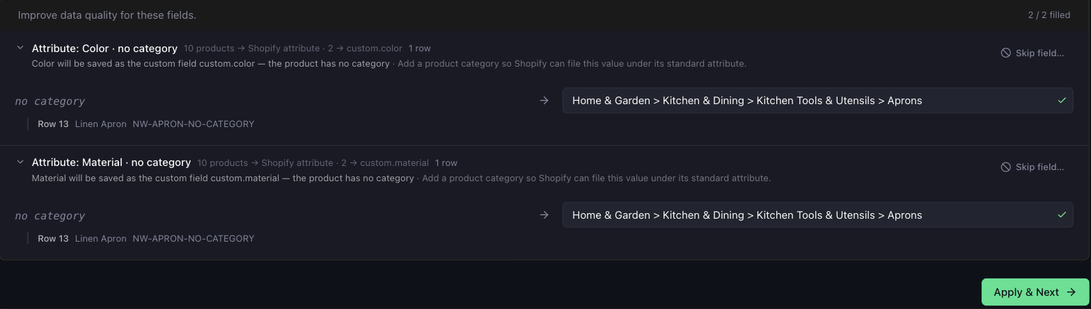Portaim Data Quality tab with the Color and Material notes for a product without a category, each laid out like a category value: no category on the left, the row below it, and Home & Garden > Kitchen & Dining > Kitchen Tools & Utensils > Aprons picked on the right