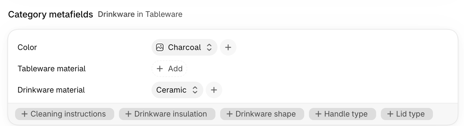 Shopify admin product page, Category metafields panel for a Drinkware product exported by Portaim, with Color set to Charcoal and Drinkware material set to Ceramic