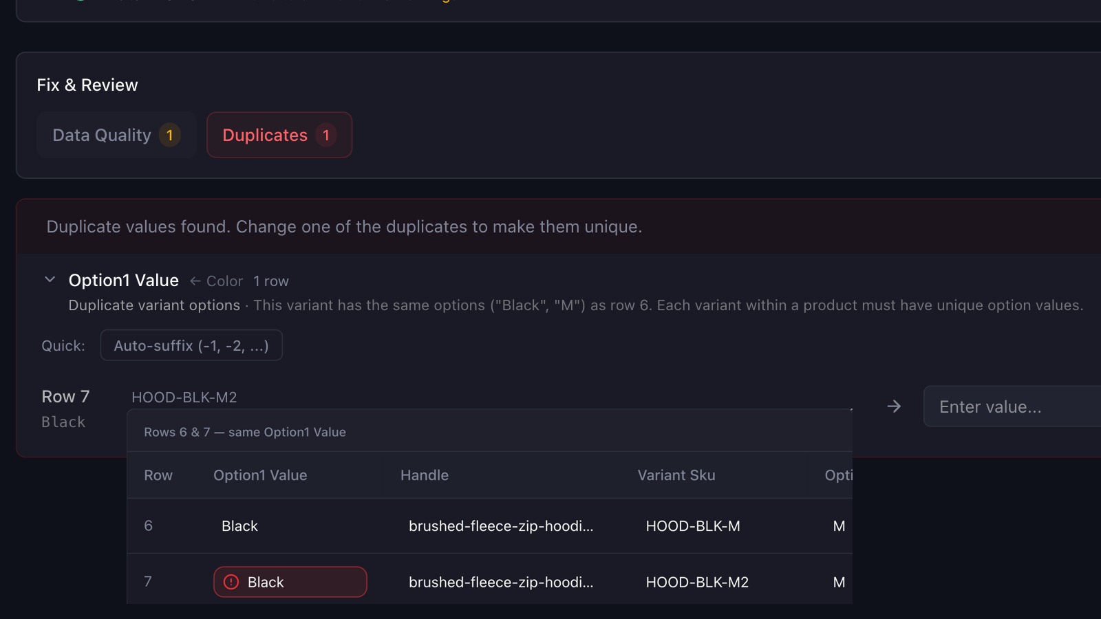 Portaim's fix step showing a Duplicate variant options error for two rows of one hoodie with identical Black and M option values, the two rows compared side by side, and an Auto-suffix preset offered as the one-click fix
