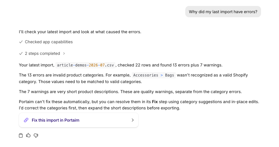 Sidekick answering why an import has errors: 22 rows checked, 13 invalid product categories and 7 short-description warnings, with a link to Portaim’s Fix step