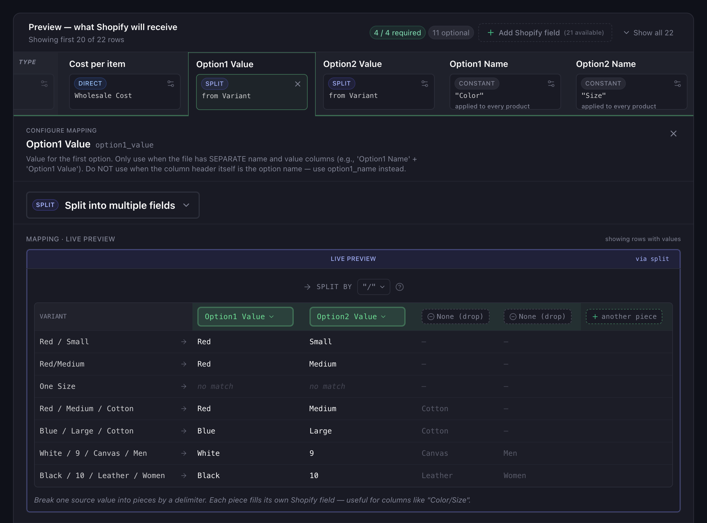 Portaim mapping editor showing a supplier Variant column split into Shopify Option1 and Option2 values, with a live preview of the split applied to the first supplier rows.