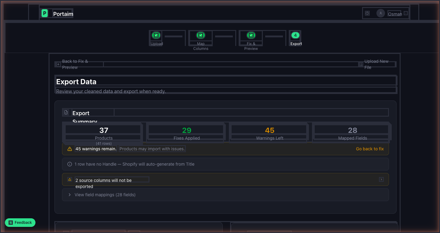 Export summary with Download CSV and Export to Shopify options