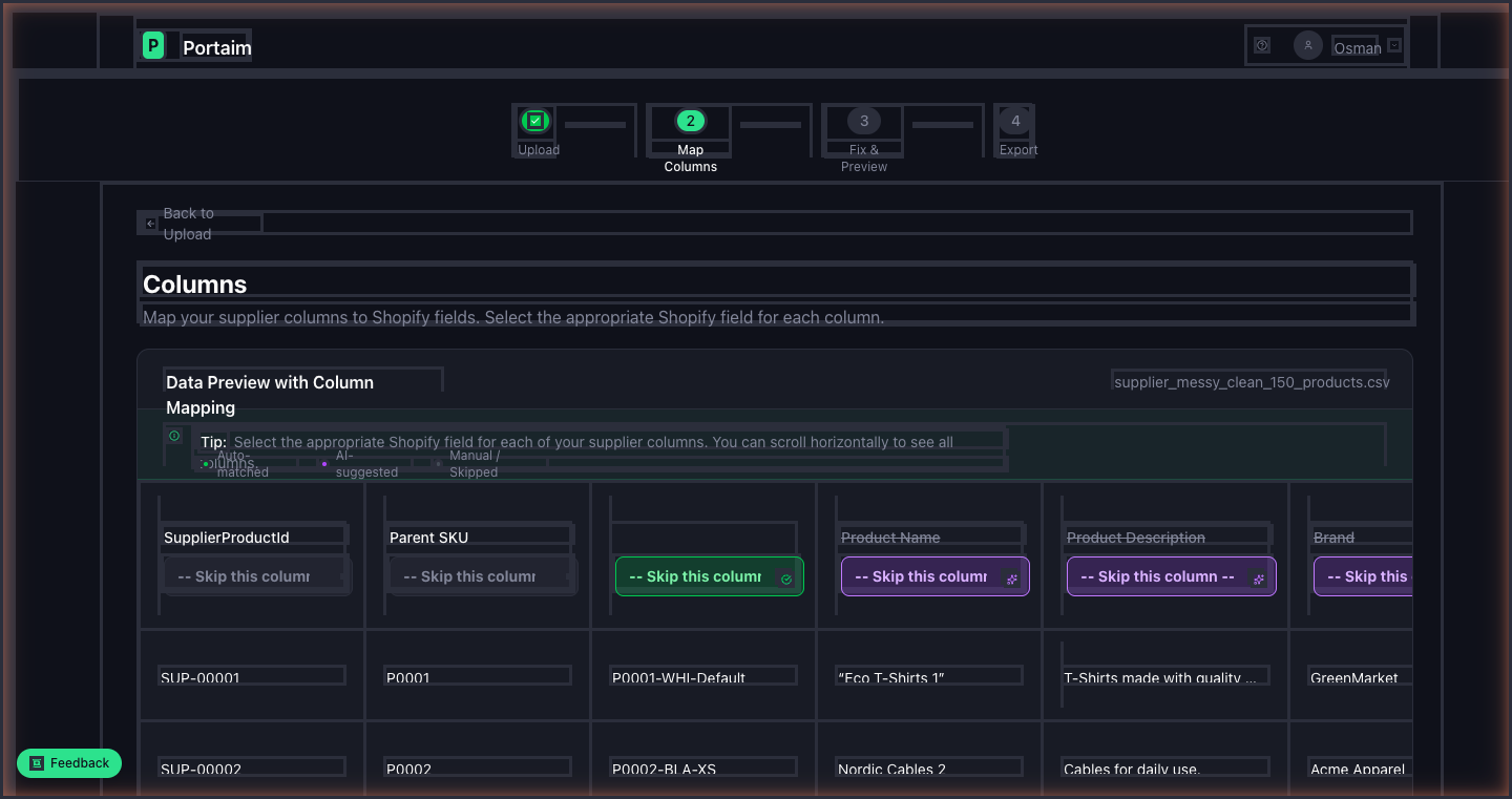 AI-powered column mapping table with auto-matched and AI-suggested fields
