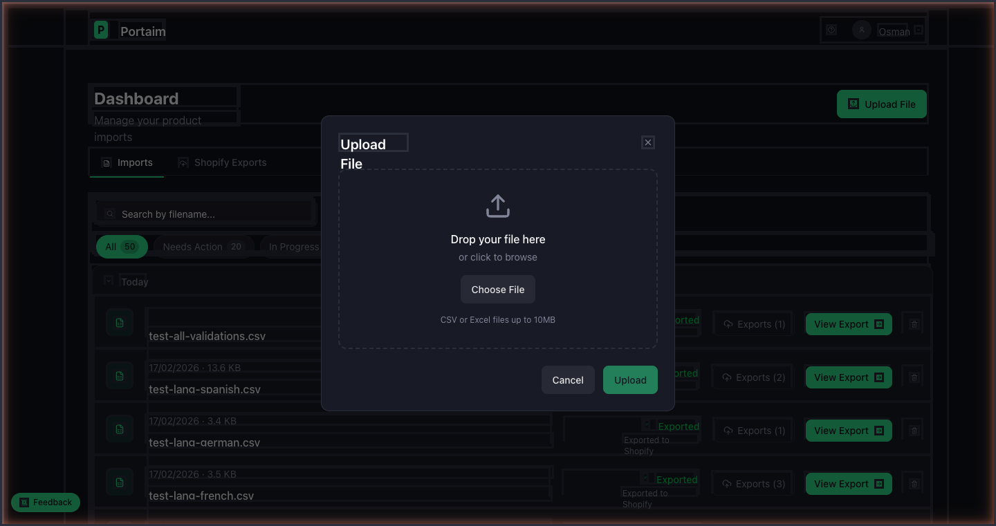 Portaim file upload interface with drag-and-drop zone