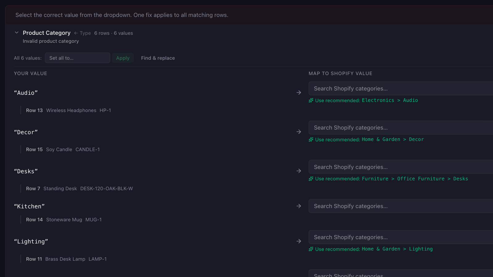 Portaim's fix step showing the Product Category group fed from the converted Type column, with each value such as Audio, Decor, Desks and Lighting next to a recommended Shopify taxonomy entry like Electronics > Audio and Furniture > Office Furniture > Desks