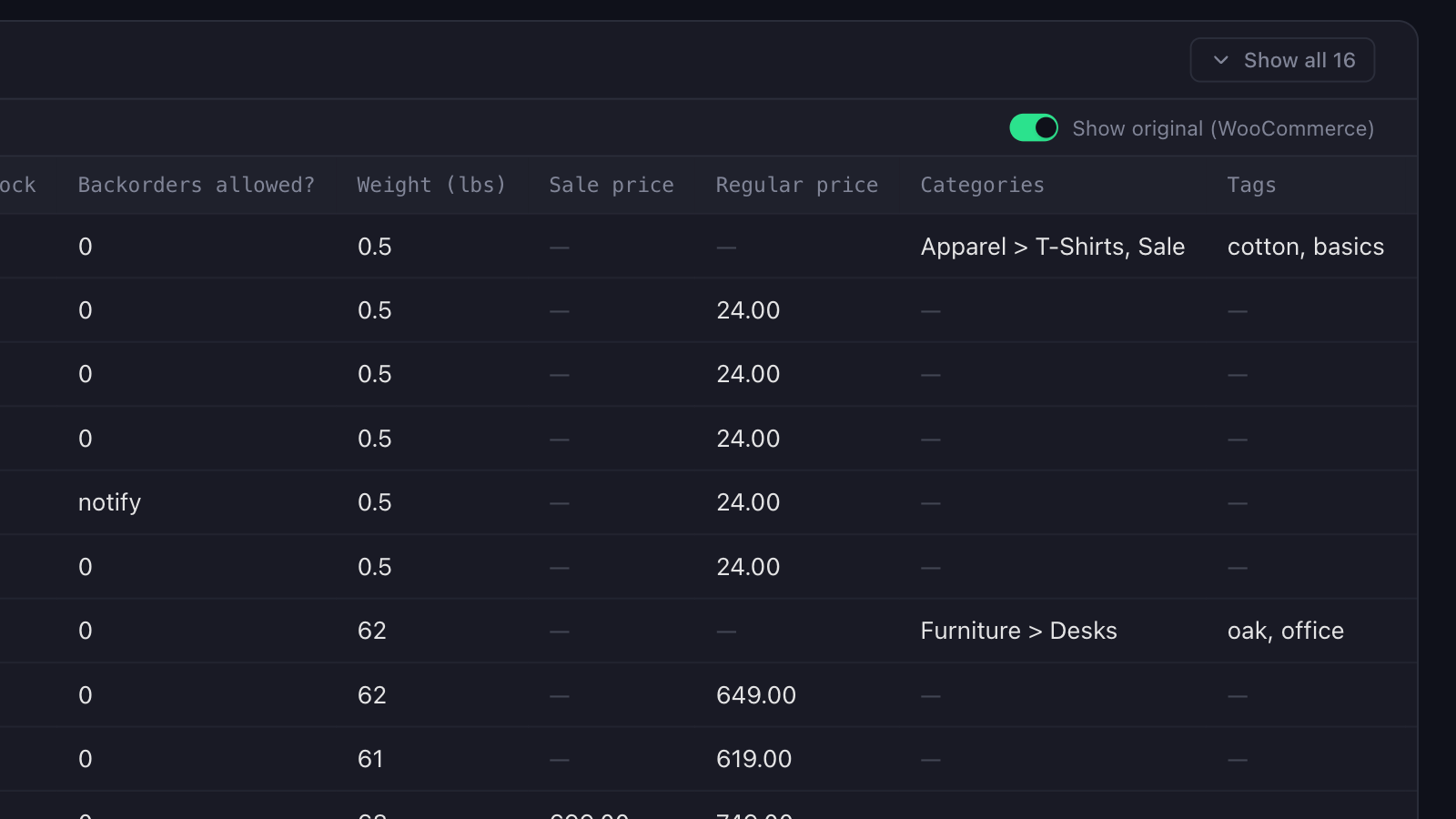 The file preview with the Show original (WooCommerce) switch turned on, revealing the uploaded Backorders allowed?, Weight (lbs), Sale price, Regular price, Categories and Tags columns for the parent and variation rows